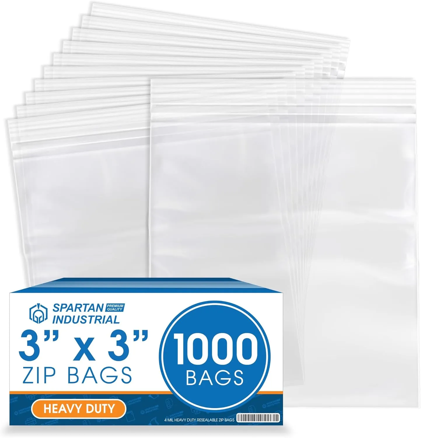 Spartan Industrial - 3” X 3” (1000 Count) 4 Mil Thick Clear Reclosable Zip Plastic Poly Bags with Resealable Lock Seal Zipper - Heavy Duty and Durable