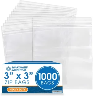 Spartan Industrial - 3” X 3” (1000 Count) 4 Mil Thick Clear Reclosable Zip Plastic Poly Bags with Resealable Lock Seal Zipper - Heavy Duty and Durable