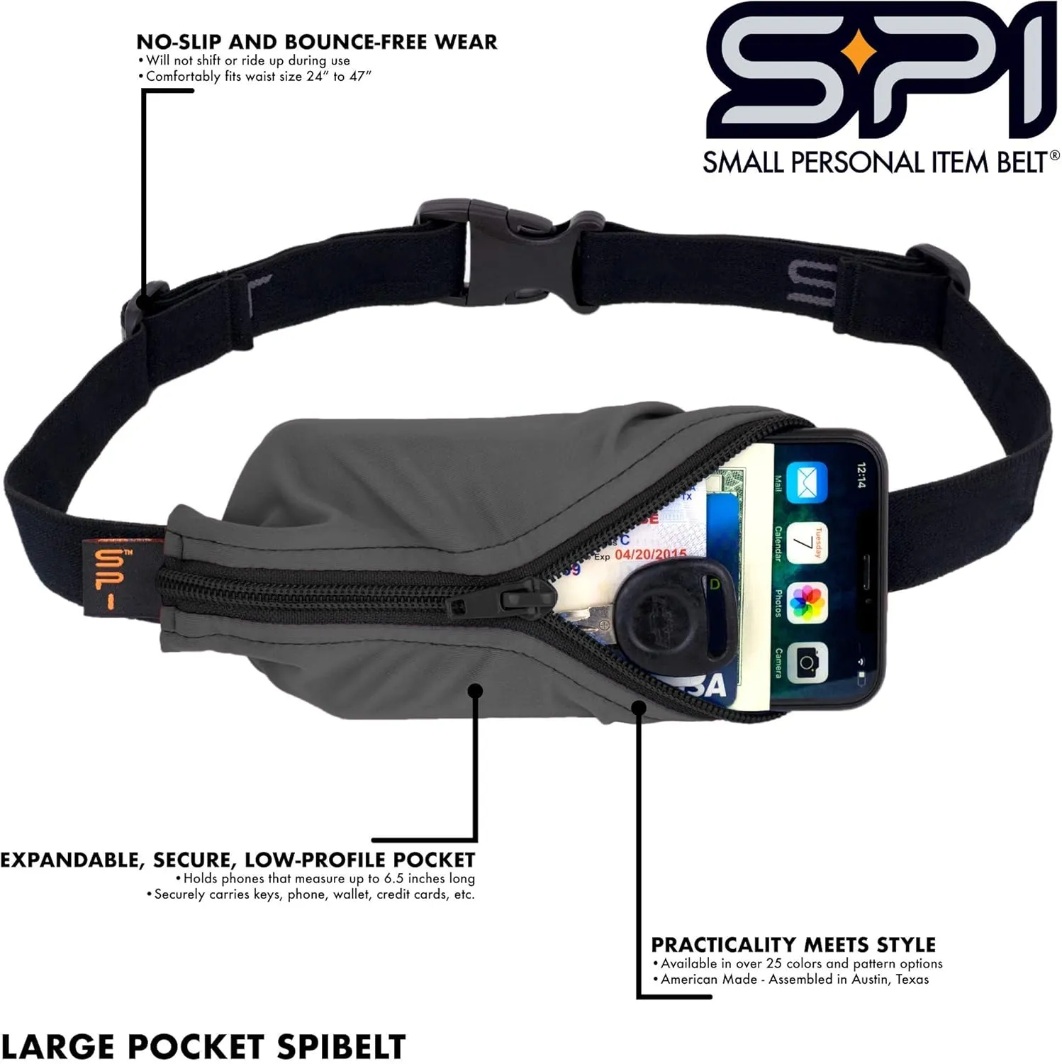 SPIbelt Original Pocket Running Belt for Women Men, Phone Holder for Running, Running Fanny Pack, Holder for Phone, Running Waist Pack, Expandable, Adjustable. Black with Anthracite Zipper