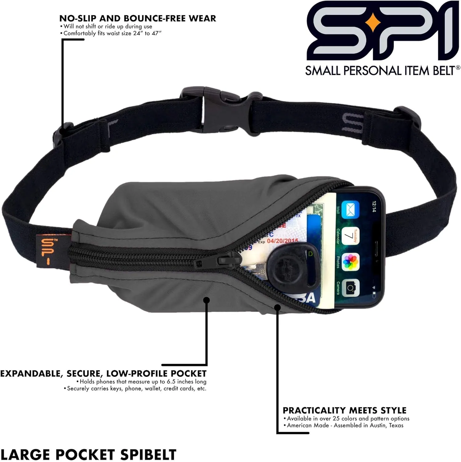 SPIbelt Original Pocket Running Belt for Women Men, Phone Holder for Running, Running Fanny Pack, Holder for Phone, Running Waist Pack, Expandable, Adjustable. Rave with Black Zipper