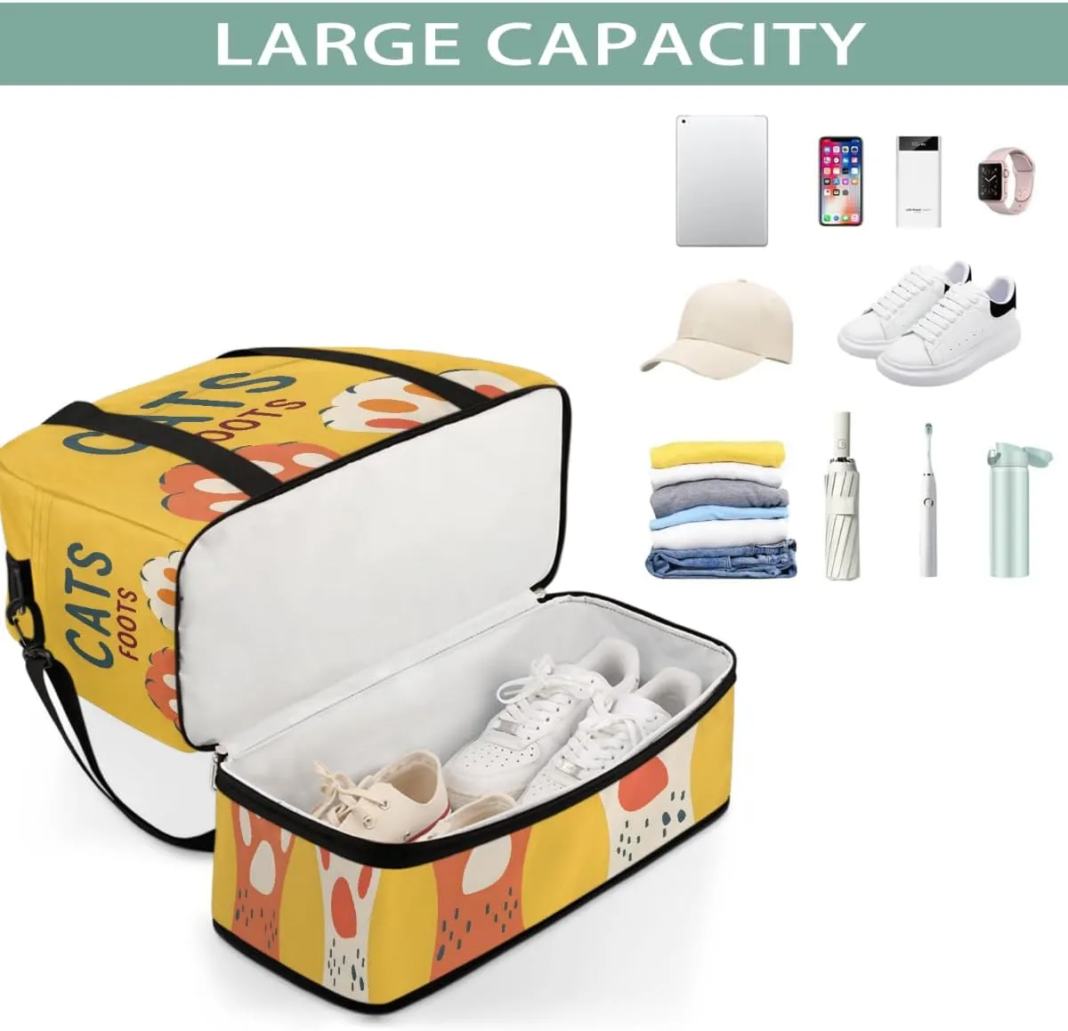 Sports Gym Bag Footprints Retro Cute Large Travel Duffel Bag With Shoe Compartment Foldable Waterproof Carry-On Weekend Travel Bags for Camping Overnight Yoga Hospital Travel Bags
