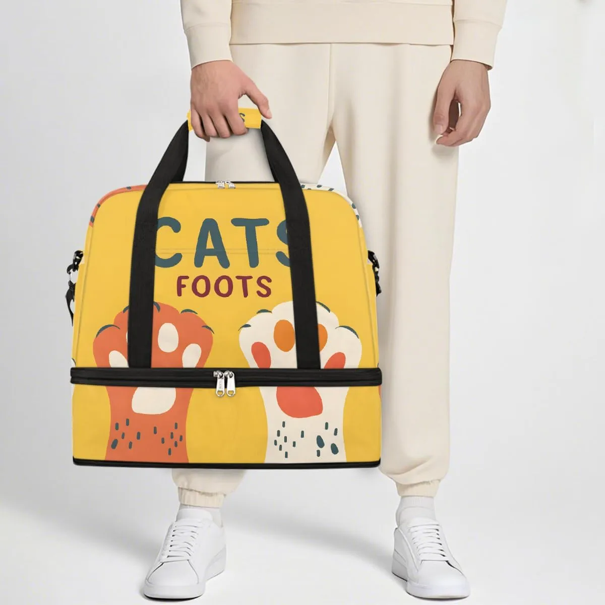 Sports Gym Bag Footprints Retro Cute Large Travel Duffel Bag With Shoe Compartment Foldable Waterproof Carry-On Weekend Travel Bags for Camping Overnight Yoga Hospital Travel Bags