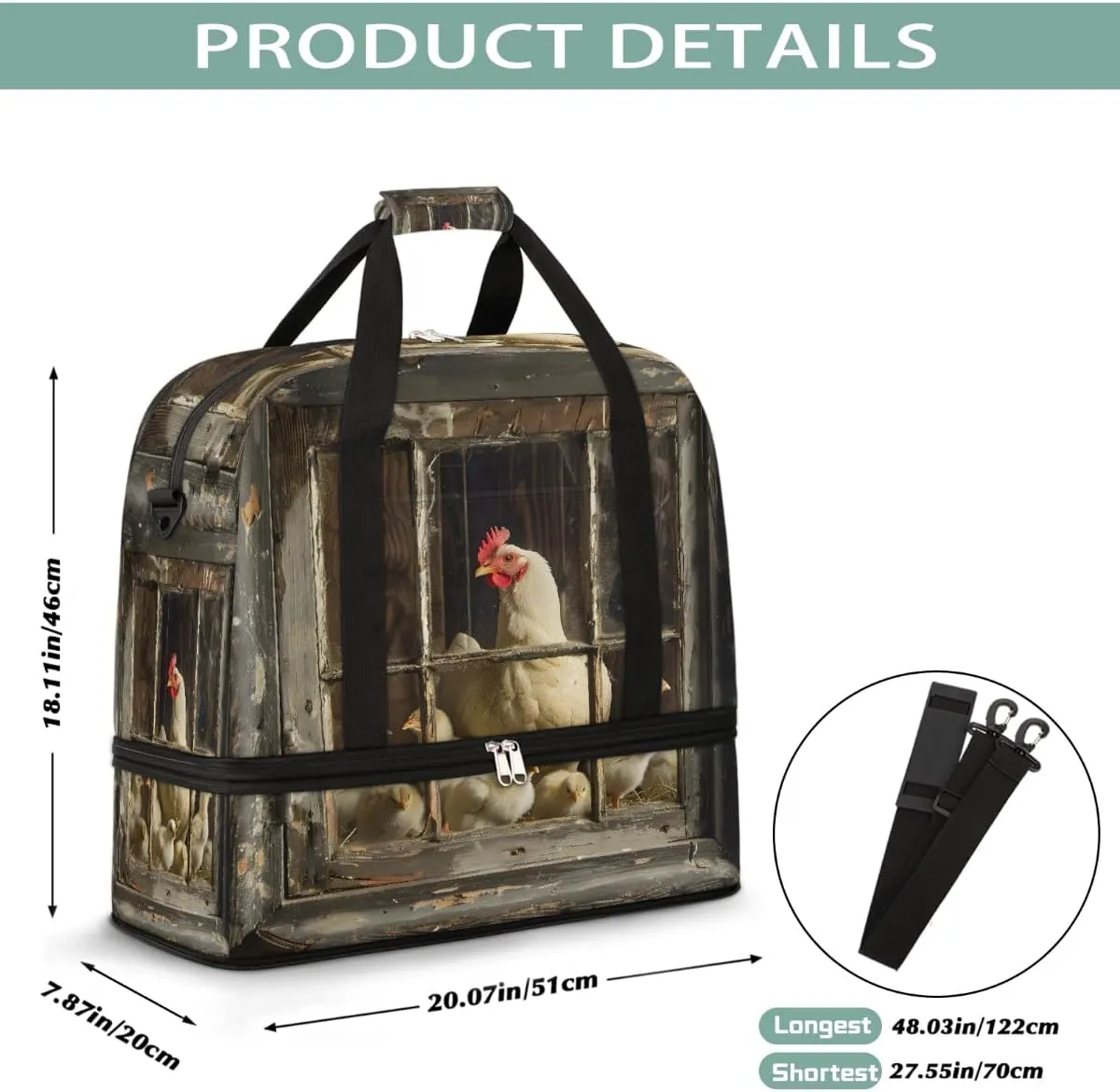 Sports Gym Bag Vintage Rooster Wooden Frame Large Travel Duffel Bag With Shoe Compartment Foldable Waterproof Carry-On Weekend Travel Bags for Camping Overnight Yoga Hospital Travel Bags