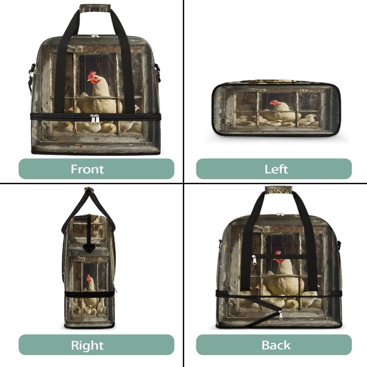 Sports Gym Bag Vintage Rooster Wooden Frame Large Travel Duffel Bag With Shoe Compartment Foldable Waterproof Carry-On Weekend Travel Bags for Camping Overnight Yoga Hospital Travel Bags