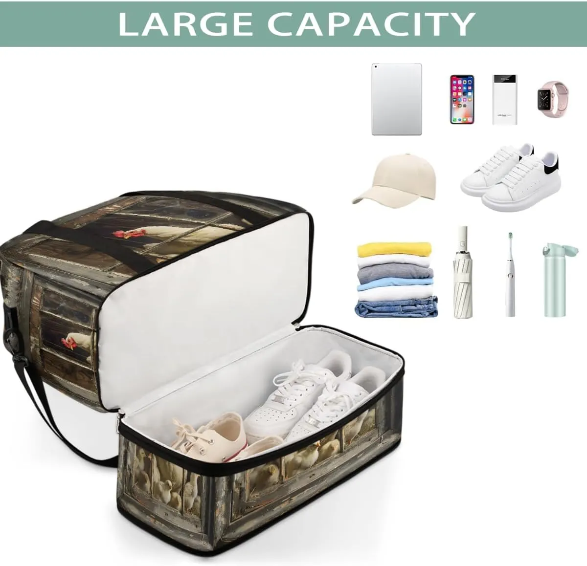 Sports Gym Bag Vintage Rooster Wooden Frame Large Travel Duffel Bag With Shoe Compartment Foldable Waterproof Carry-On Weekend Travel Bags for Camping Overnight Yoga Hospital Travel Bags