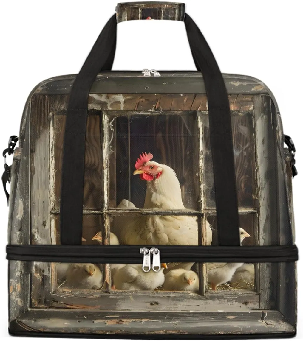Sports Gym Bag Vintage Rooster Wooden Frame Large Travel Duffel Bag With Shoe Compartment Foldable Waterproof Carry-On Weekend Travel Bags for Camping Overnight Yoga Hospital Travel Bags