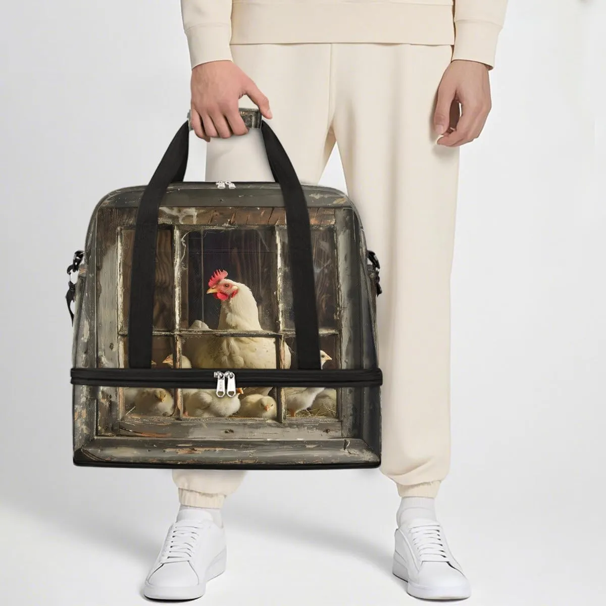 Sports Gym Bag Vintage Rooster Wooden Frame Large Travel Duffel Bag With Shoe Compartment Foldable Waterproof Carry-On Weekend Travel Bags for Camping Overnight Yoga Hospital Travel Bags