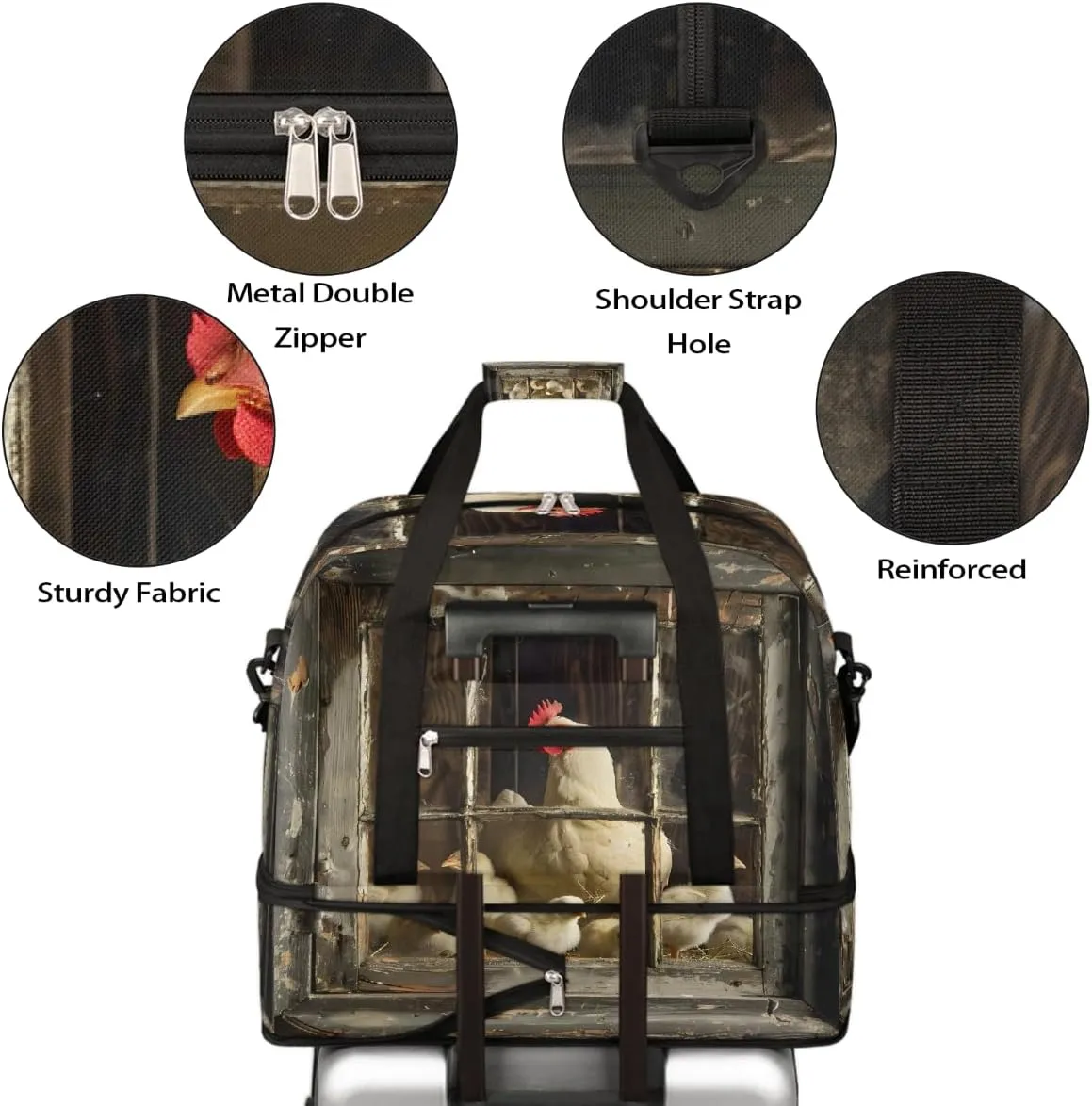 Sports Gym Bag Vintage Rooster Wooden Frame Large Travel Duffel Bag With Shoe Compartment Foldable Waterproof Carry-On Weekend Travel Bags for Camping Overnight Yoga Hospital Travel Bags