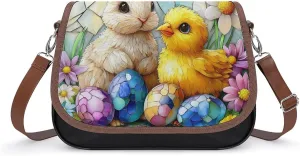 Stained Glass Bunny And Yellow Chick Crossbody Bag Leather Crossbody Bag