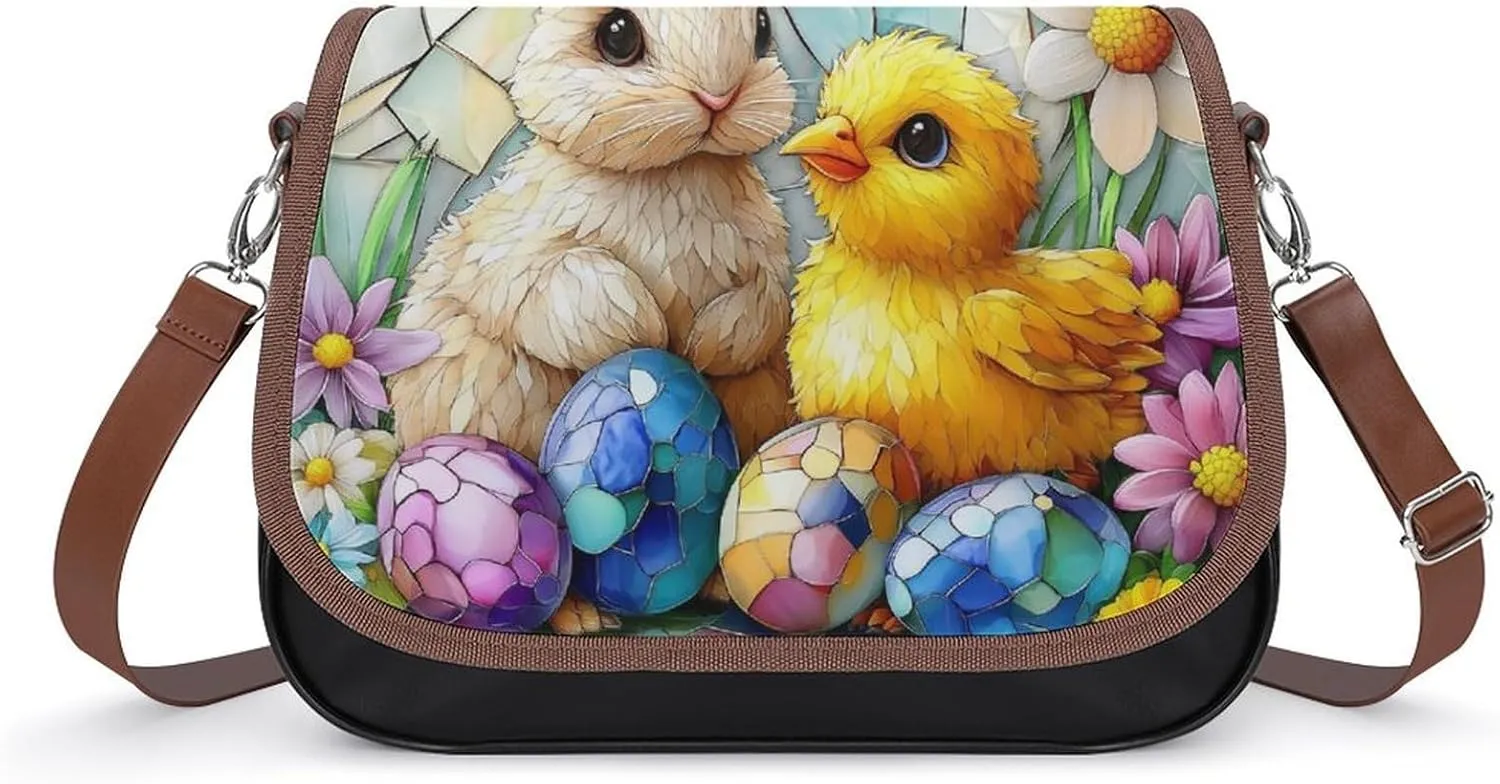 Stained Glass Bunny And Yellow Chick Crossbody Bag Leather Crossbody Bag