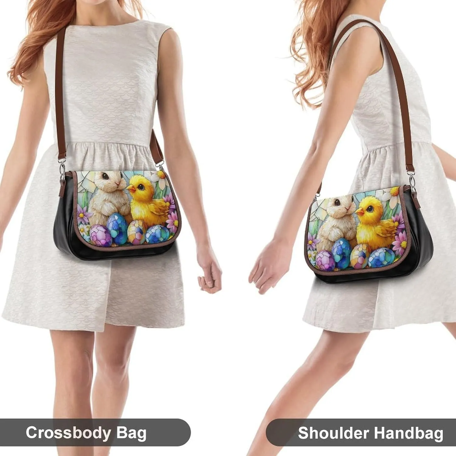 Stained Glass Bunny And Yellow Chick Crossbody Bag Leather Crossbody Bag