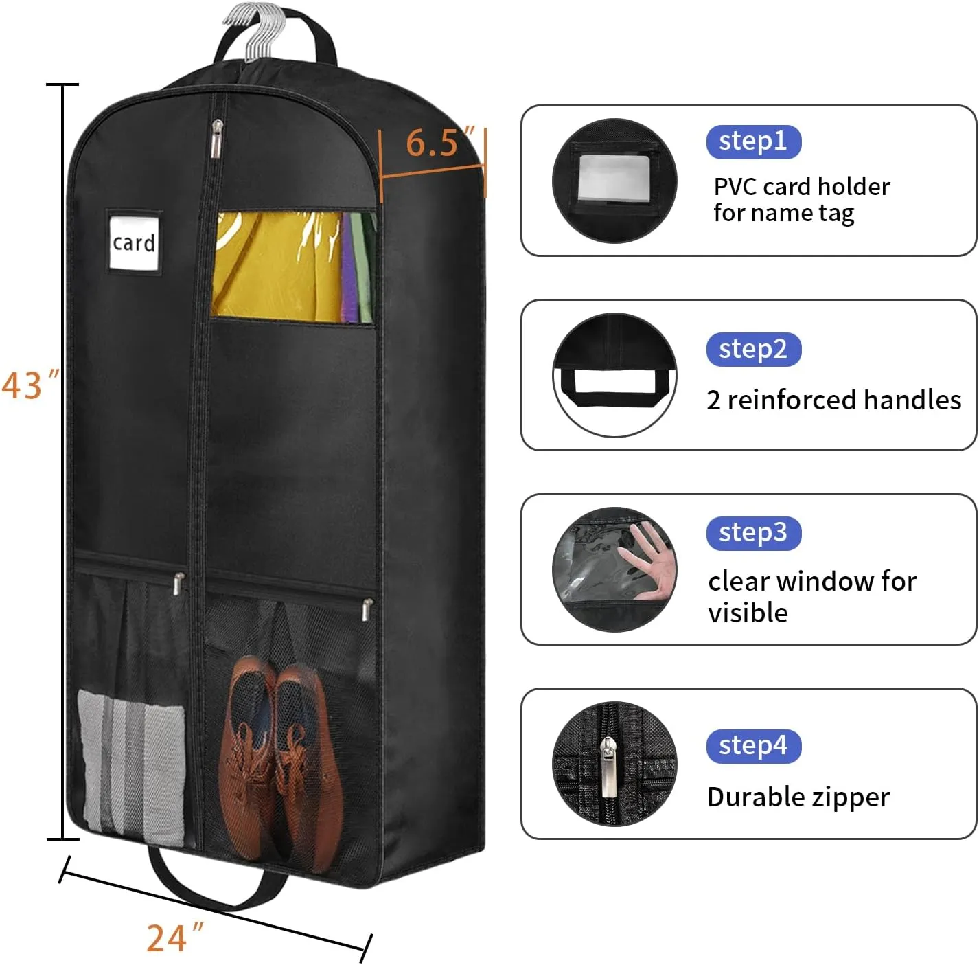 STEPONE 6.5" Gusseted Heavy Duty Garment Bags for Travel 43" Suit Bags for Closet Storage Hanging Clothes Bag with Pockets Mens Suit Holder for Shirts, Coats, Dresses, 2 Pack