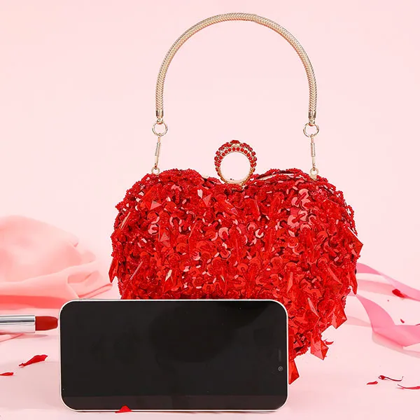 storexq Sequined Sweet Beaded Decor Heart Shape Bag