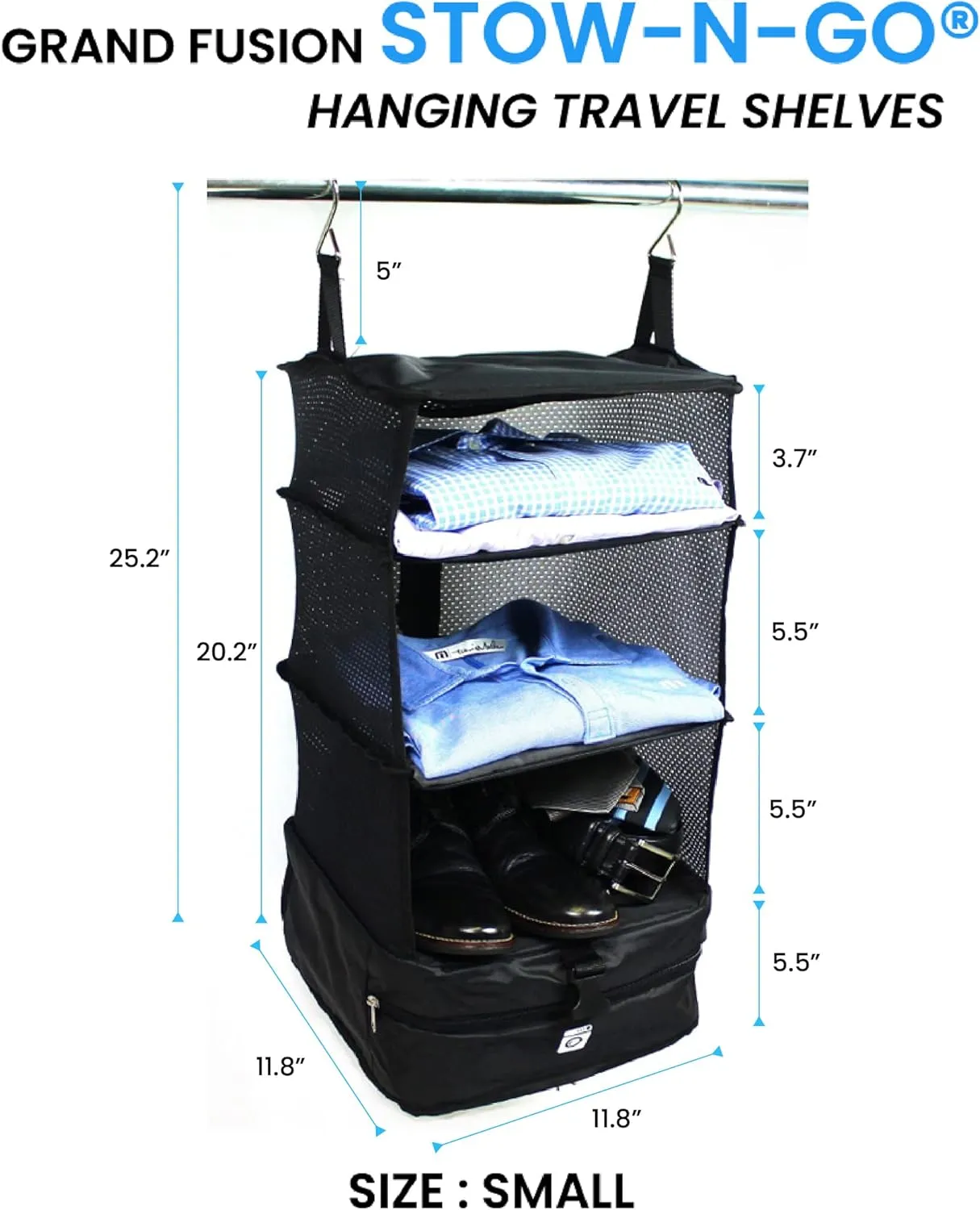 Stow-N-Go Portable Hanging Travel Shelves, Packing Organizer for Luggage. Carry on Closet for Clothes. Expandable Packing Cube. Travel Essentials. (Black - L, L = (L) 11.8" x (W) 11.8")