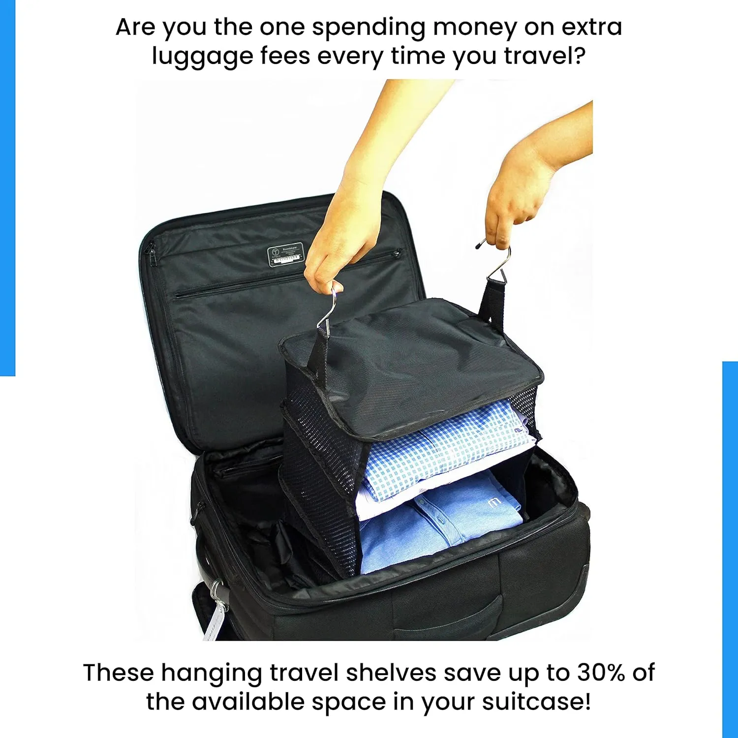 Stow-N-Go Portable Hanging Travel Shelves, Packing Organizer for Luggage. Carry on Closet for Clothes. Expandable Packing Cube. Travel Essentials. (Black - L, L = (L) 11.8" x (W) 11.8")