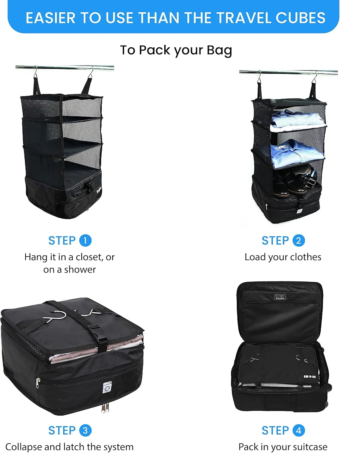Stow-N-Go Portable Hanging Travel Shelves, Packing Organizer for Luggage. Carry on Closet for Clothes. Expandable Packing Cube. Travel Essentials. (Black - L, L = (L) 11.8" x (W) 11.8")