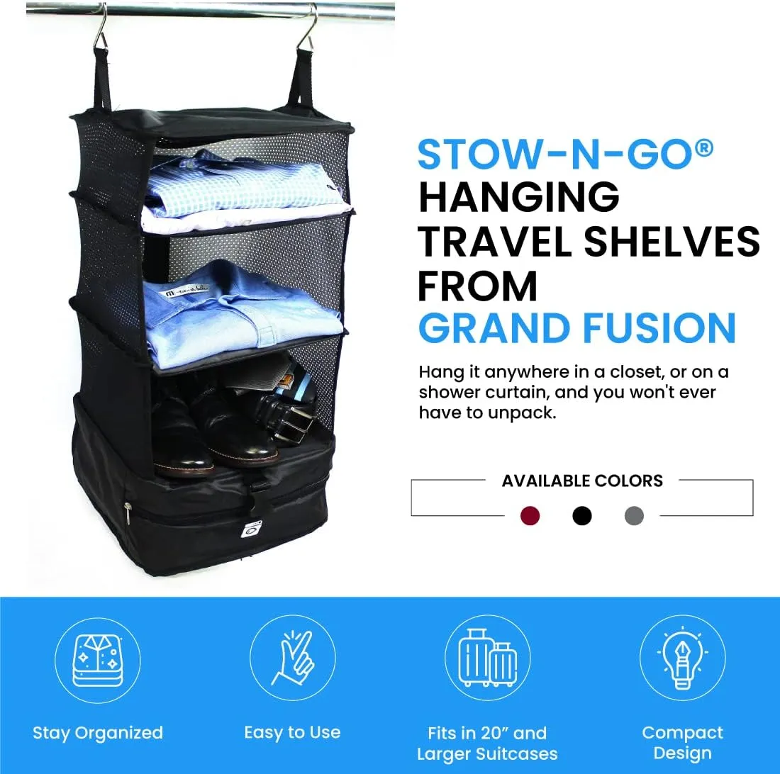 Stow-N-Go Portable Hanging Travel Shelves, Packing Organizer for Luggage. Carry on Closet for Clothes. Expandable Packing Cube. Travel Essentials. (Black - L, L = (L) 11.8" x (W) 11.8")