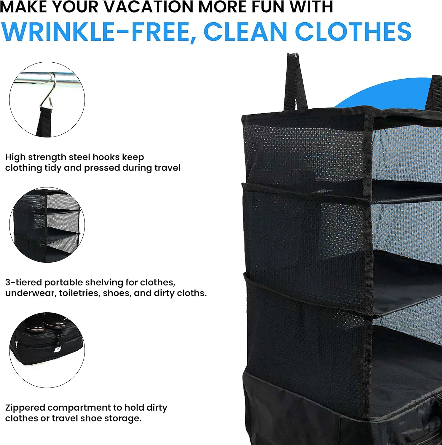Stow-N-Go Portable Hanging Travel Shelves, Packing Organizer for Luggage. Carry on Closet for Clothes. Expandable Packing Cube. Travel Essentials. (Black - L, L = (L) 11.8" x (W) 11.8")