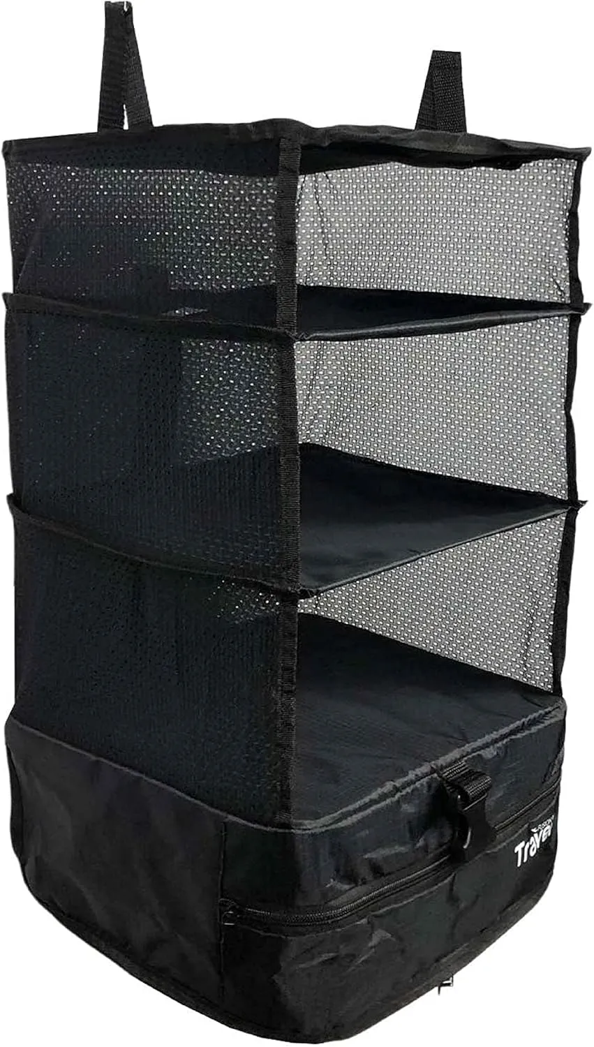 Stow-N-Go Portable Hanging Travel Shelves, Packing Organizer for Luggage. Carry on Closet for Clothes. Expandable Packing Cube. Travel Essentials. (Black - L, L = (L) 11.8" x (W) 11.8")