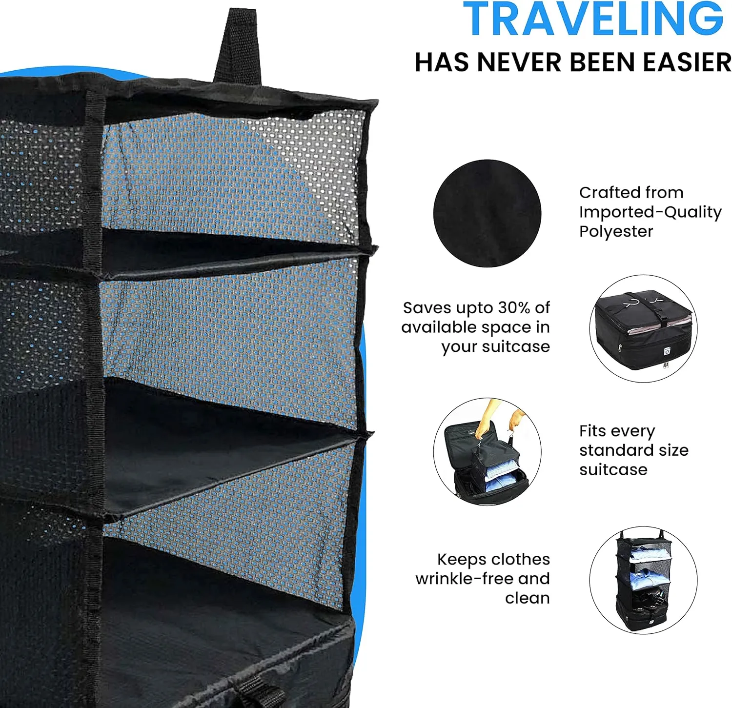 Stow-N-Go Portable Hanging Travel Shelves, Packing Organizer for Luggage. Carry on Closet for Clothes. Expandable Packing Cube. Travel Essentials. (Black - L, L = (L) 11.8" x (W) 11.8")