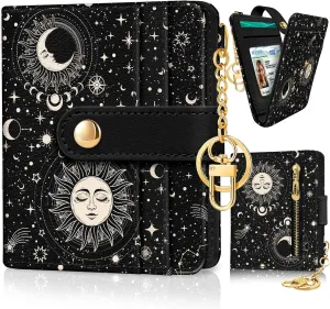 Sun and Moon Rfid Women Wallet, Small Slim Thin Credit Card Wallet, PU Leather Bifold Cash Zipper Coin Pocket ID Window for Female Ladies Teen Girls Girly