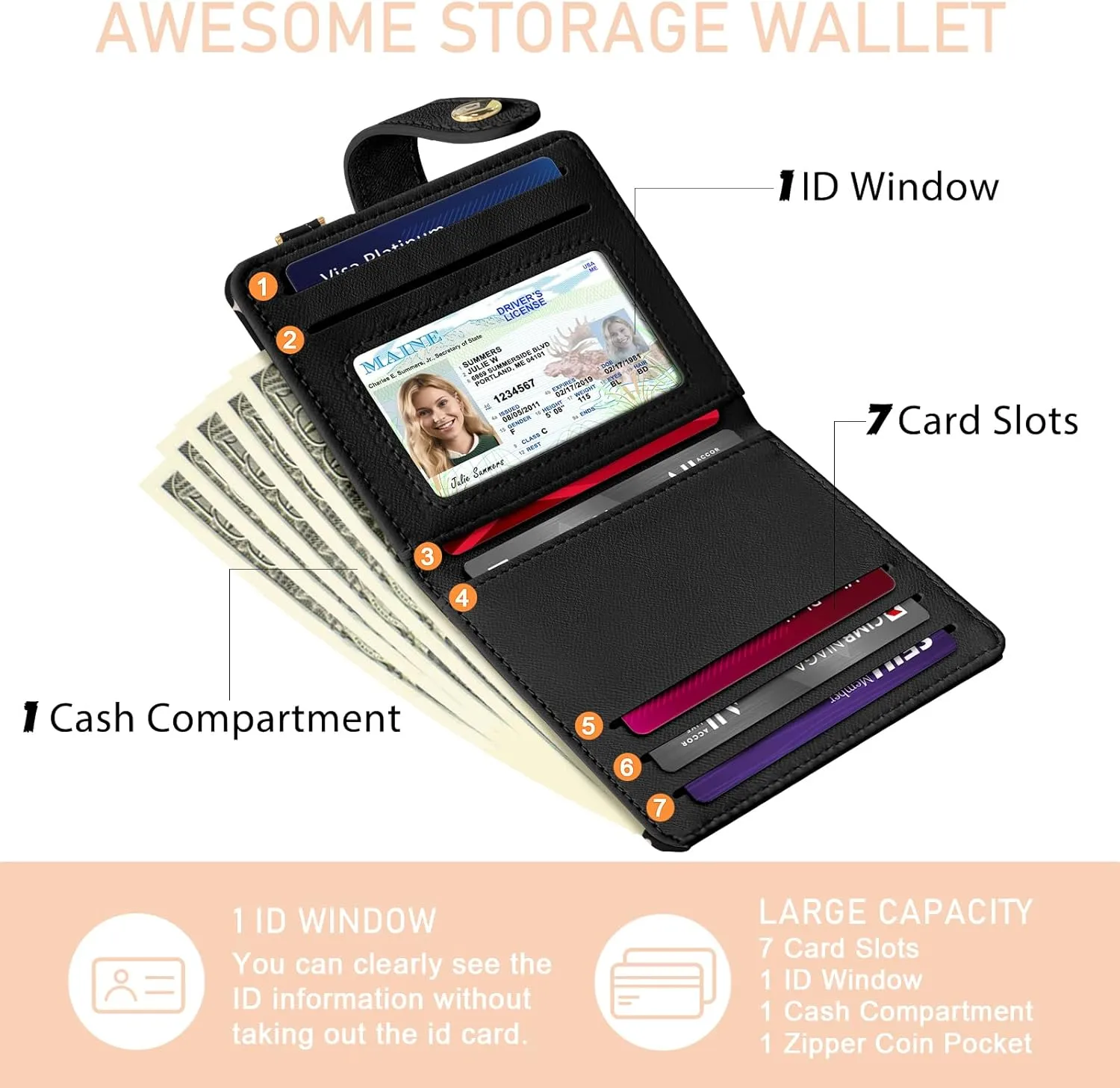 Sun and Moon Rfid Women Wallet, Small Slim Thin Credit Card Wallet, PU Leather Bifold Cash Zipper Coin Pocket ID Window for Female Ladies Teen Girls Girly