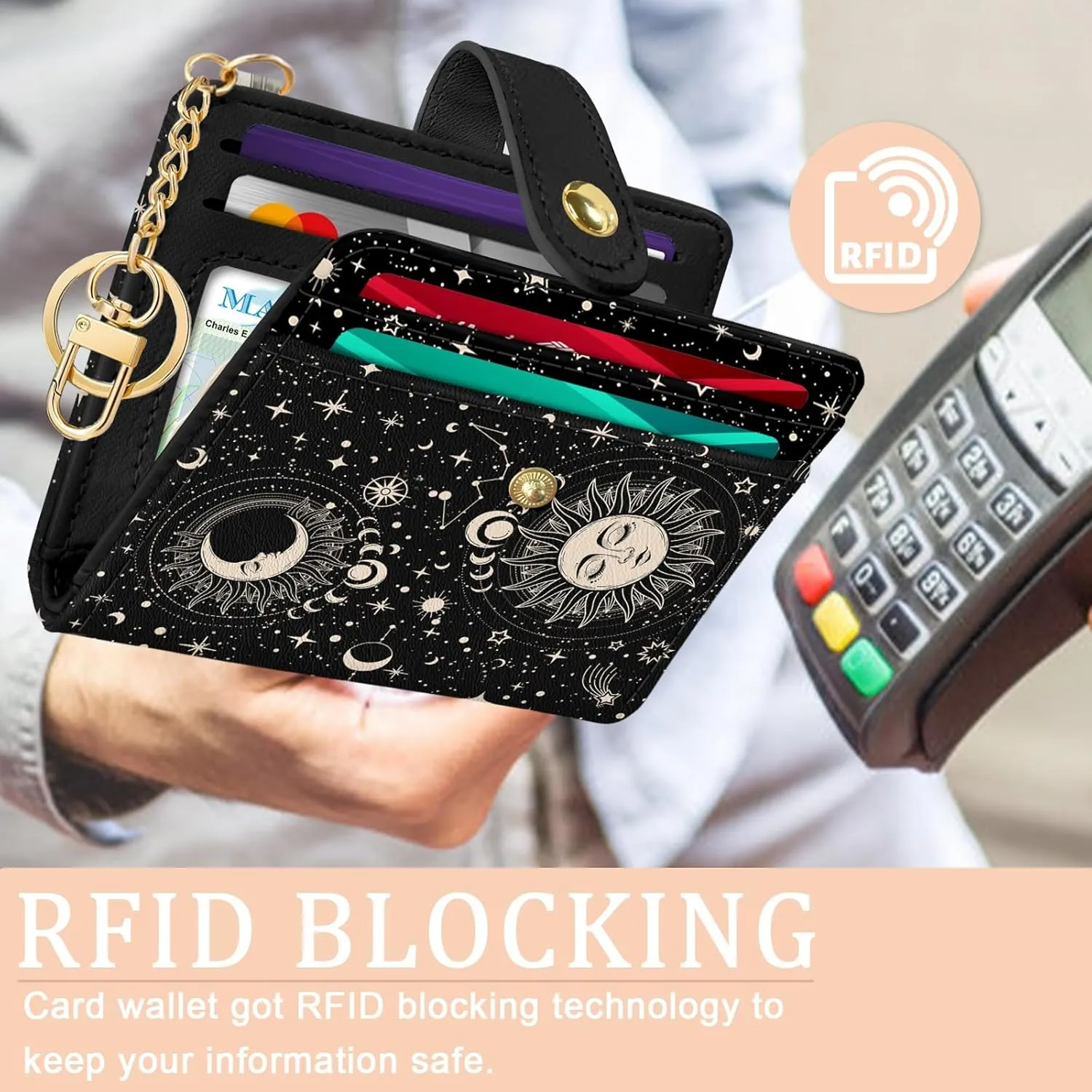 Sun and Moon Rfid Women Wallet, Small Slim Thin Credit Card Wallet, PU Leather Bifold Cash Zipper Coin Pocket ID Window for Female Ladies Teen Girls Girly