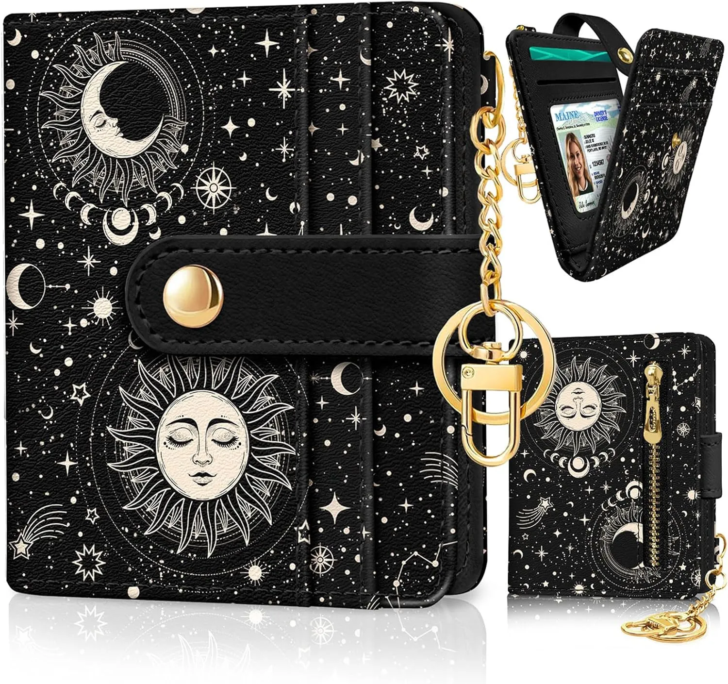 Sun and Moon Rfid Women Wallet, Small Slim Thin Credit Card Wallet, PU Leather Bifold Cash Zipper Coin Pocket ID Window for Female Ladies Teen Girls Girly