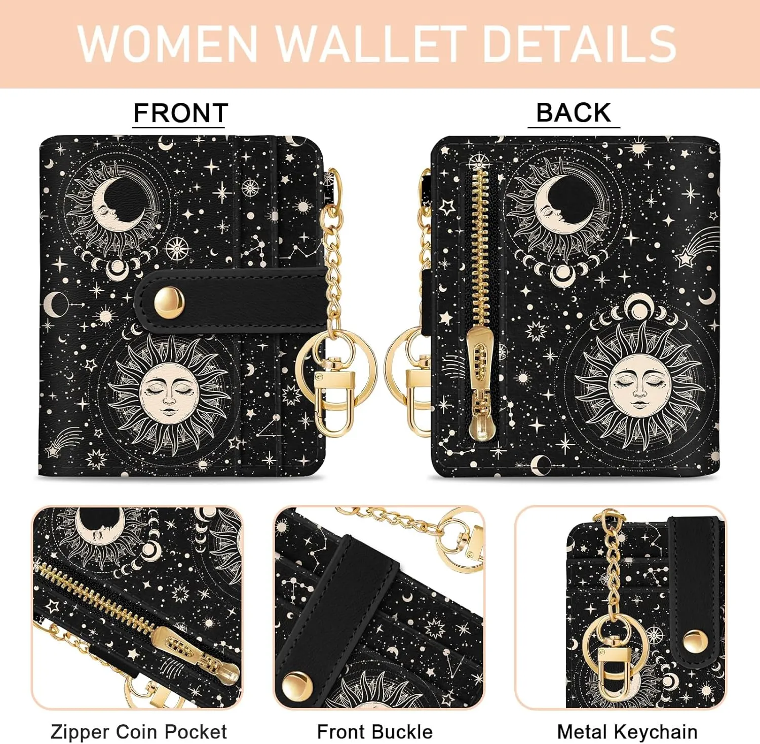 Sun and Moon Rfid Women Wallet, Small Slim Thin Credit Card Wallet, PU Leather Bifold Cash Zipper Coin Pocket ID Window for Female Ladies Teen Girls Girly