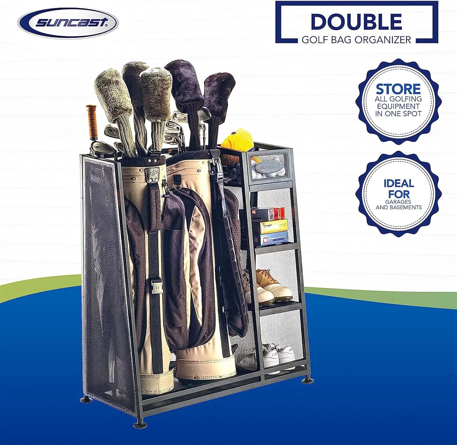 Suncast Golf Bag & Golfing Equipment Heavy-Duty Metal Organizer Rack w/ 3 Storage Shelves