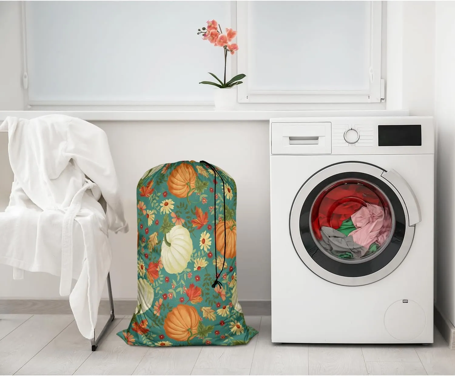 Swono Autumn Pumpkins Storage Heavy Duty Basket Laundry Bag with Drawstring Maple Leaves Sunflowers Flowers Daisy Folding Organizer for Travel Washing Machine