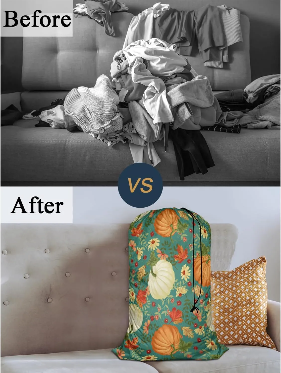 Swono Autumn Pumpkins Storage Heavy Duty Basket Laundry Bag with Drawstring Maple Leaves Sunflowers Flowers Daisy Folding Organizer for Travel Washing Machine