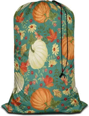 Swono Autumn Pumpkins Storage Heavy Duty Basket Laundry Bag with Drawstring Maple Leaves Sunflowers Flowers Daisy Folding Organizer for Travel Washing Machine