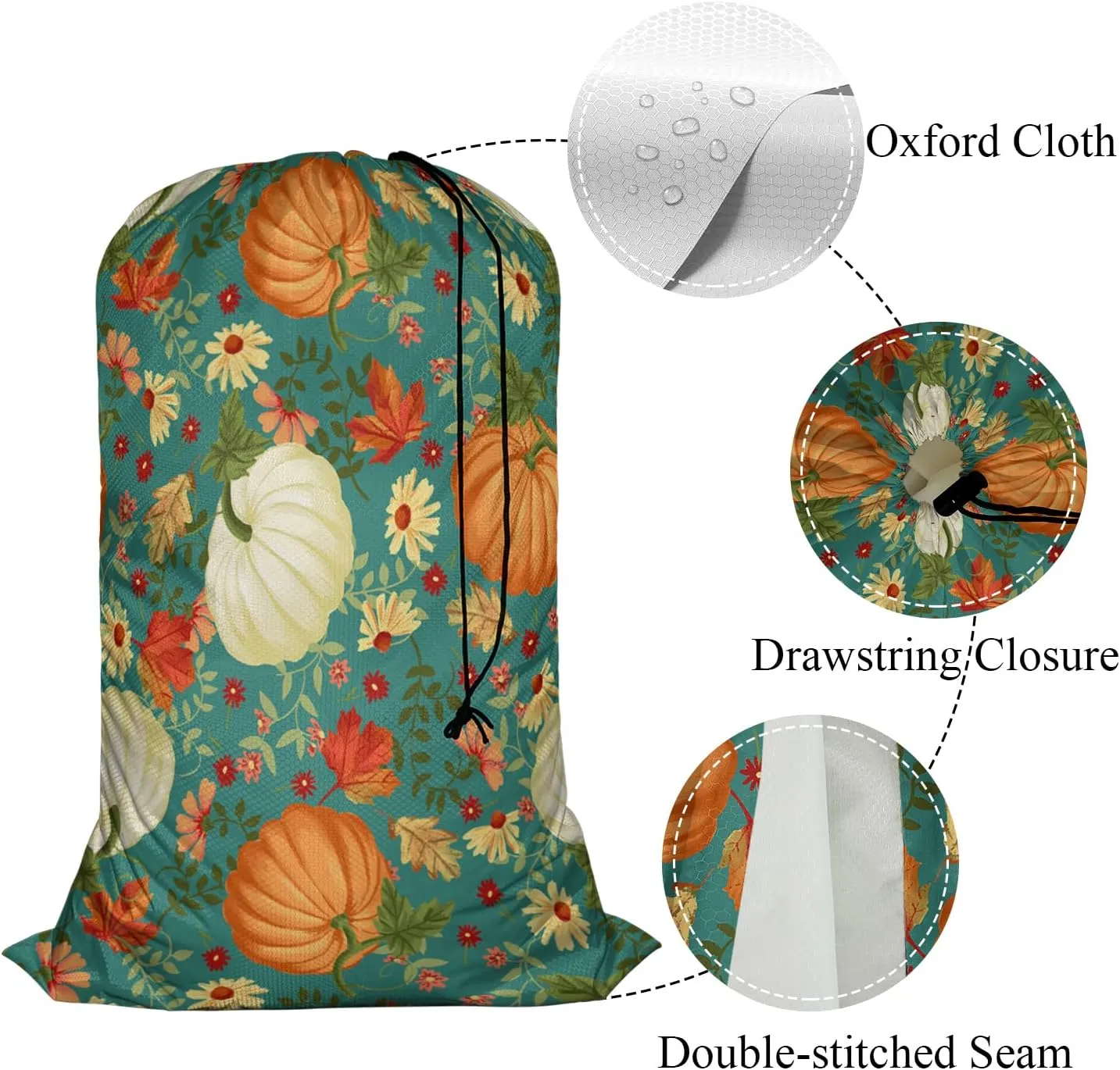 Swono Autumn Pumpkins Storage Heavy Duty Basket Laundry Bag with Drawstring Maple Leaves Sunflowers Flowers Daisy Folding Organizer for Travel Washing Machine