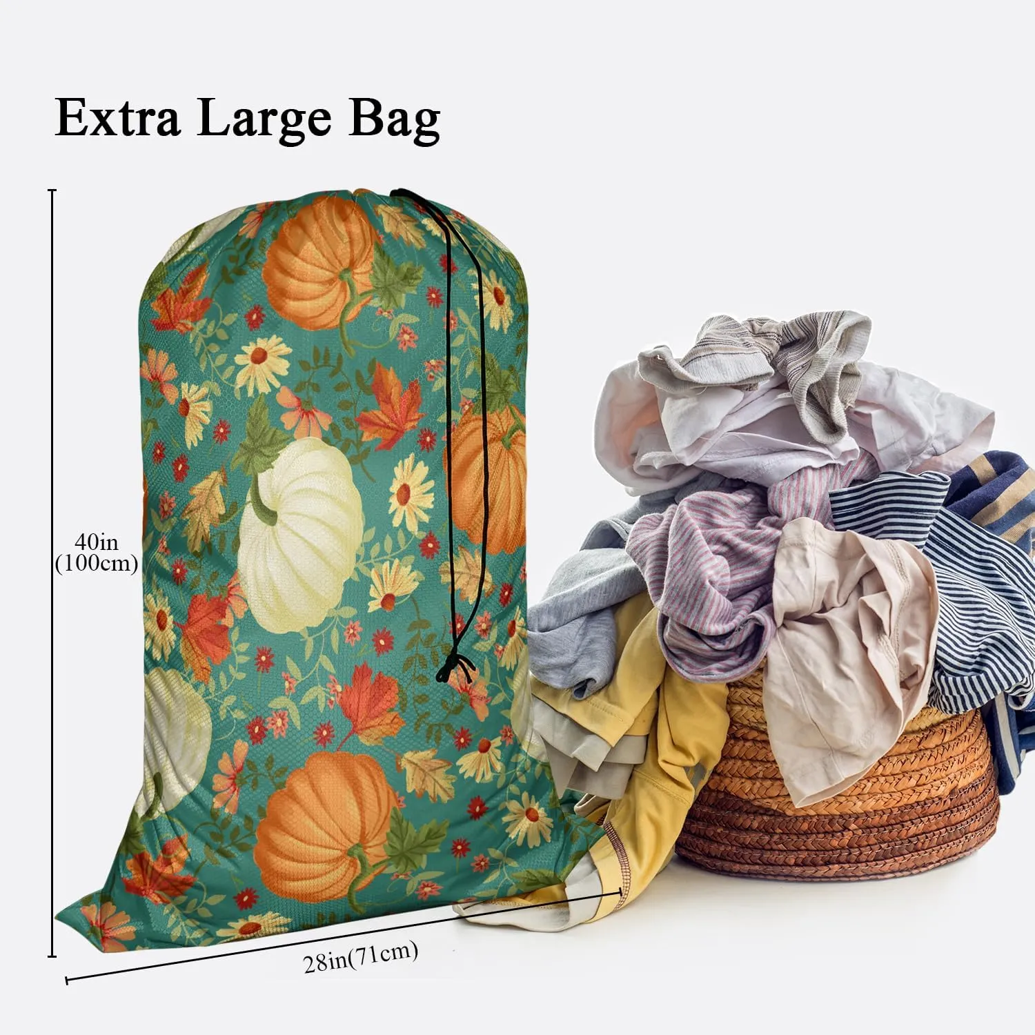 Swono Autumn Pumpkins Storage Heavy Duty Basket Laundry Bag with Drawstring Maple Leaves Sunflowers Flowers Daisy Folding Organizer for Travel Washing Machine