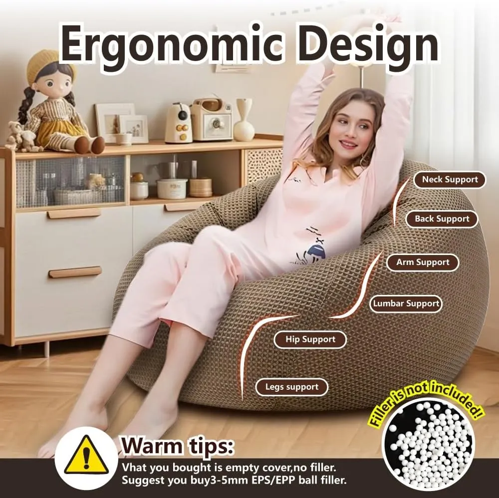 SXBCyan Bean Bags Sofa Pouf Cover Without Filler Bean Bag Chair 100% Cotton Waffle Bean Bag Cover Footrest Pouf Ottoman Floor Seat Beanbag Chair Comfy Lazy Sofa(Khaki,100cm)