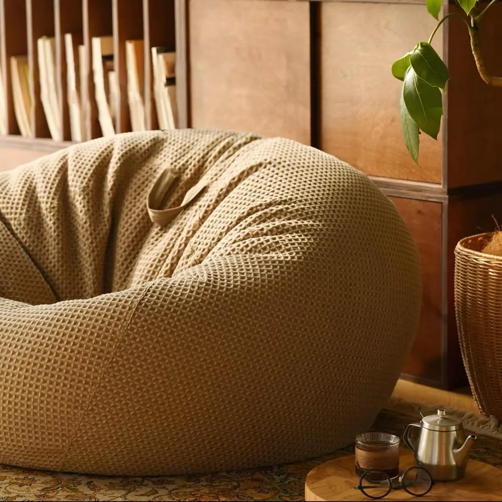 SXBCyan Bean Bags Sofa Pouf Cover Without Filler Bean Bag Chair 100% Cotton Waffle Bean Bag Cover Footrest Pouf Ottoman Floor Seat Beanbag Chair Comfy Lazy Sofa(Khaki,100cm)