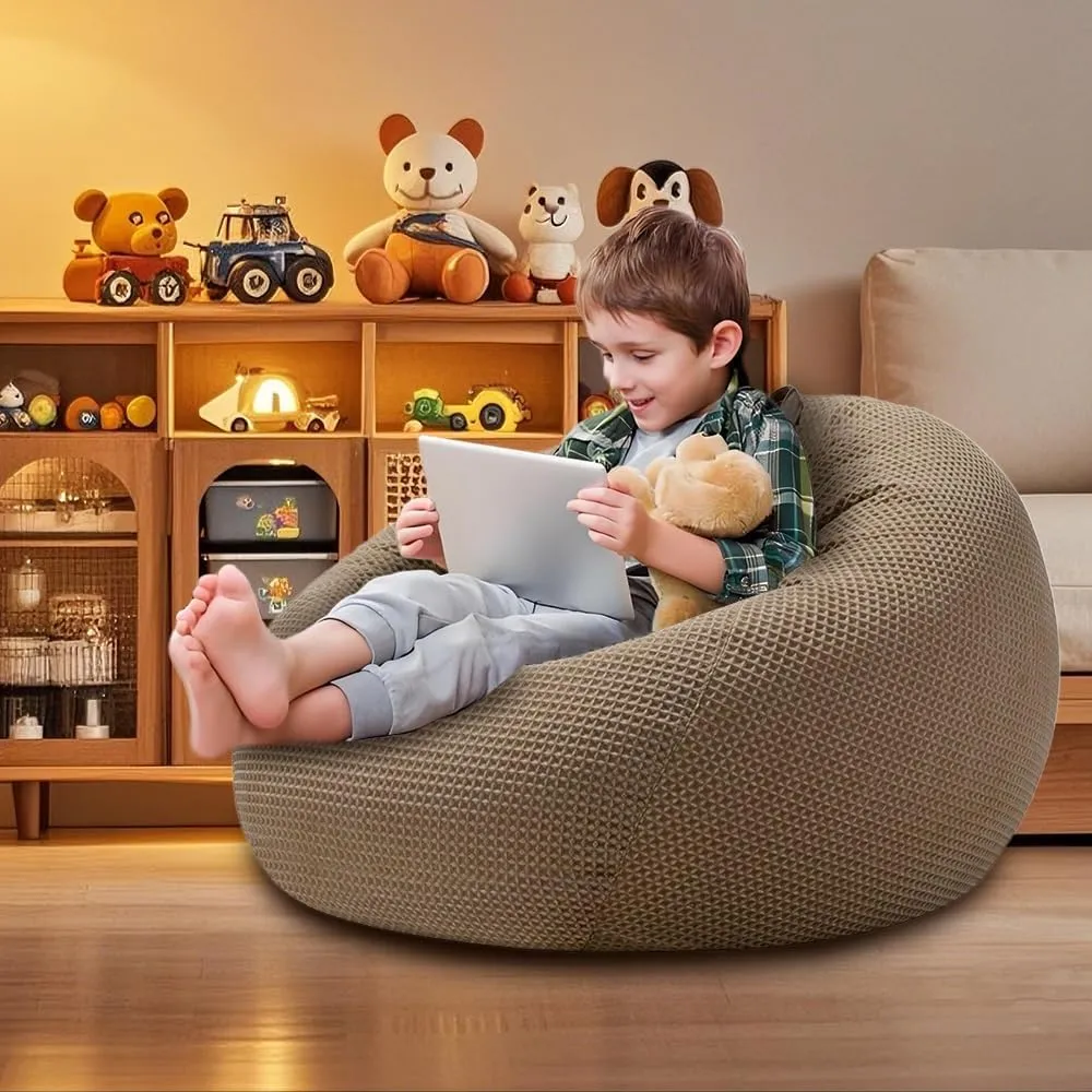 SXBCyan Bean Bags Sofa Pouf Cover Without Filler Bean Bag Chair 100% Cotton Waffle Bean Bag Cover Footrest Pouf Ottoman Floor Seat Beanbag Chair Comfy Lazy Sofa(Khaki,100cm)
