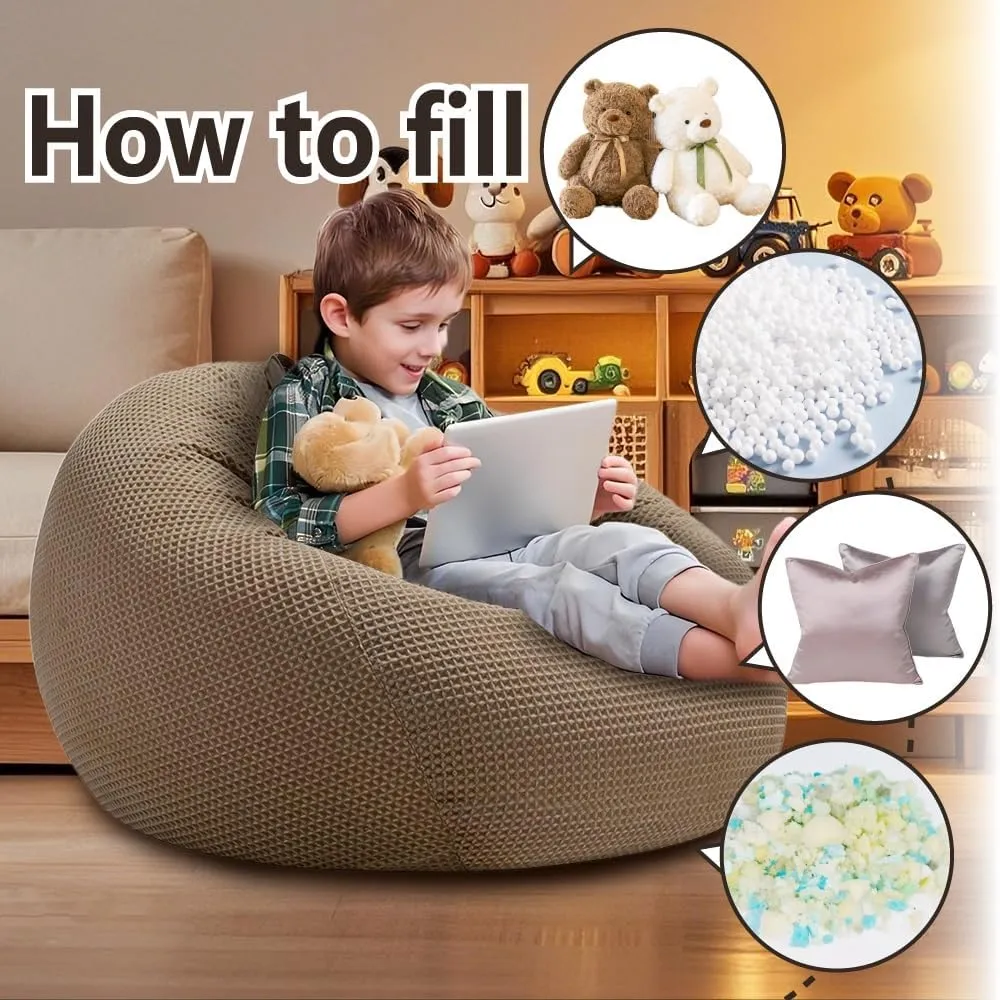 SXBCyan Bean Bags Sofa Pouf Cover Without Filler Bean Bag Chair 100% Cotton Waffle Bean Bag Cover Footrest Pouf Ottoman Floor Seat Beanbag Chair Comfy Lazy Sofa(Khaki,100cm)