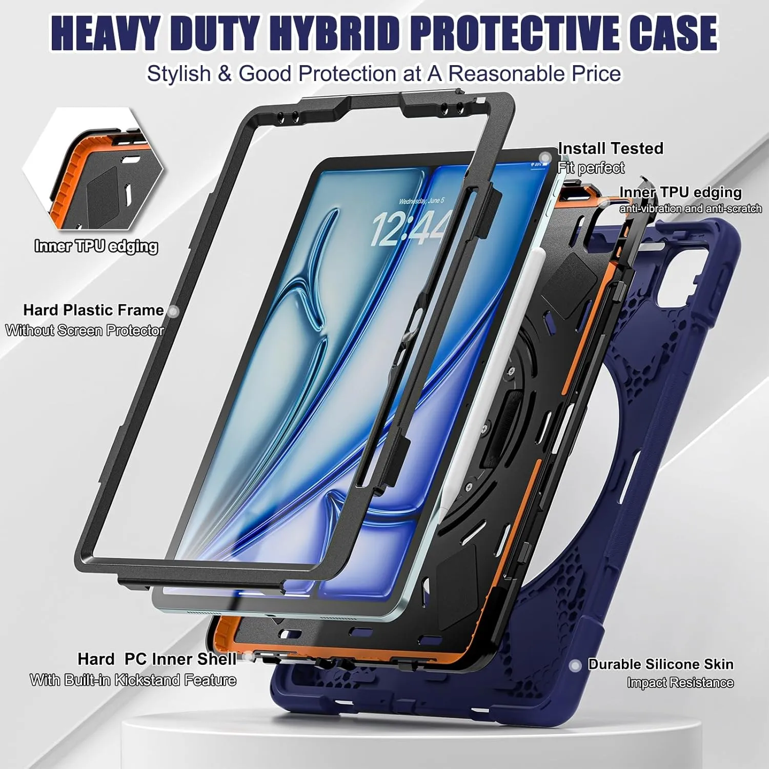Tablet Case Cover Compatible with iPad Air 13 Inch M2 2024 Case, Heavy Duty Rugged Shockproof Drop Protection Case with Pen Holder,Shoulder Strap Protective Cover Compatible with Kids Silicone Cover(N