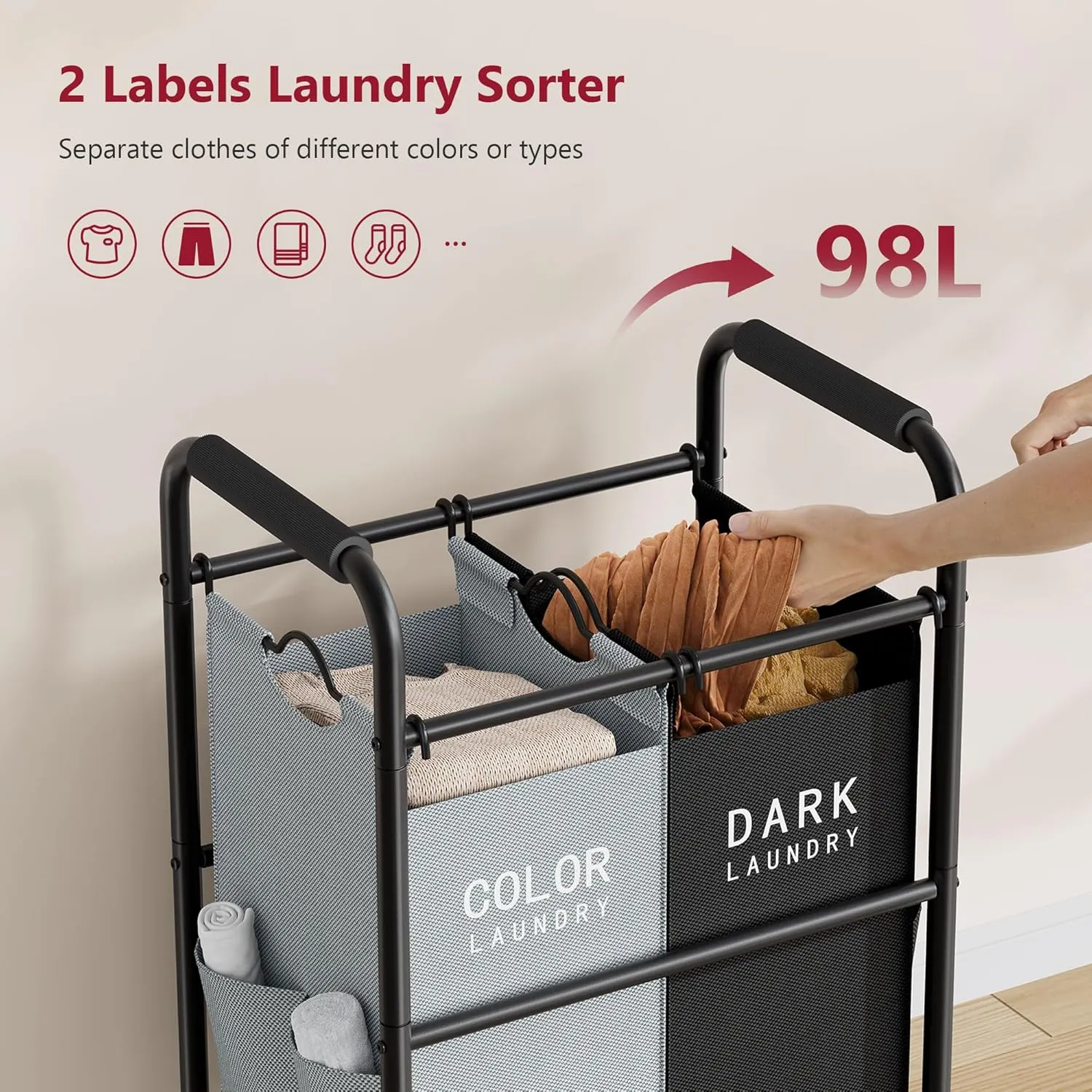 Tajsoon 2 Bag Laundry Sorter Cart, Laundry Hamper Sorter Basket with Heavy Duty Lockable Rolling Wheels for Clothes Storage, Black & Grey
