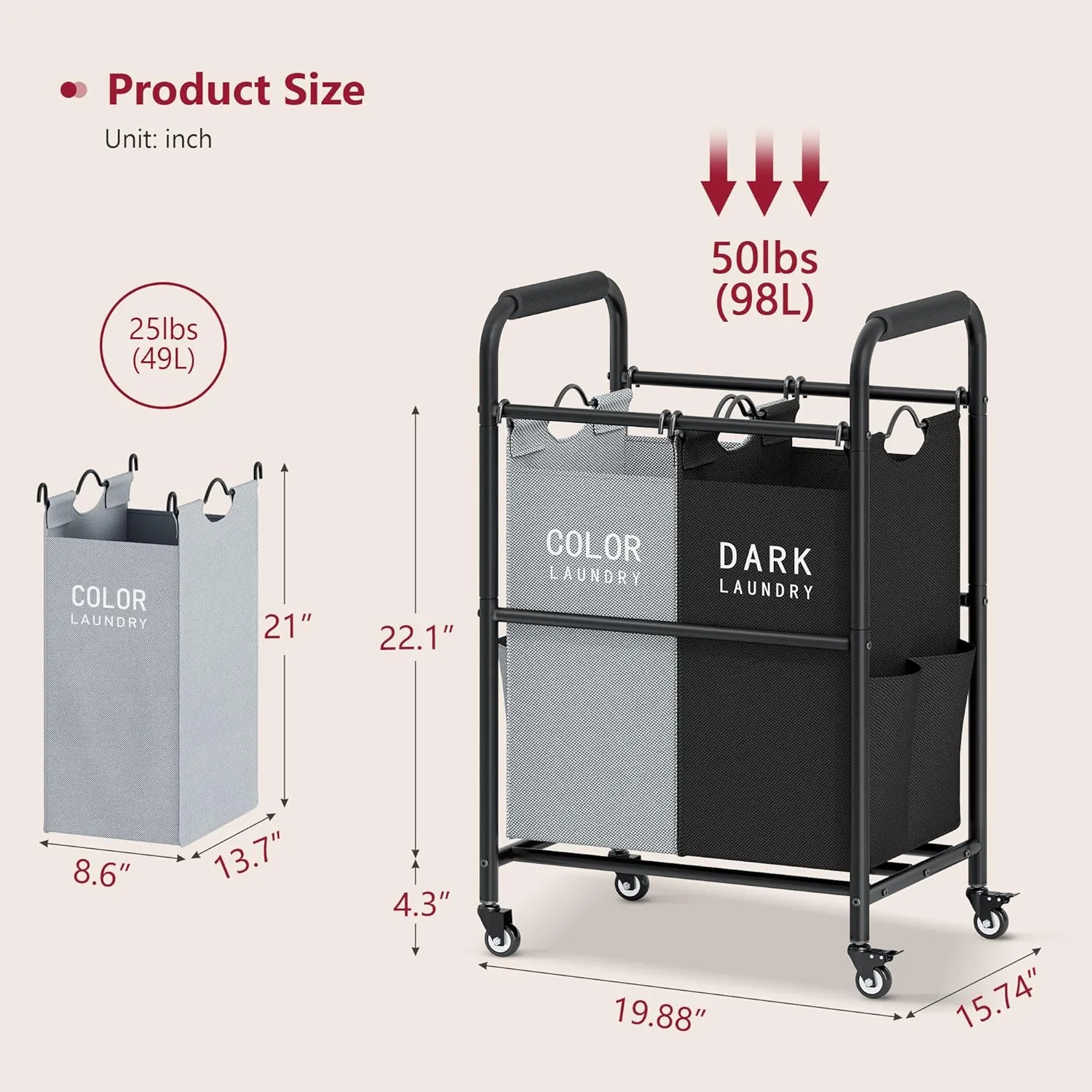 Tajsoon 2 Bag Laundry Sorter Cart, Laundry Hamper Sorter Basket with Heavy Duty Lockable Rolling Wheels for Clothes Storage, Black & Grey
