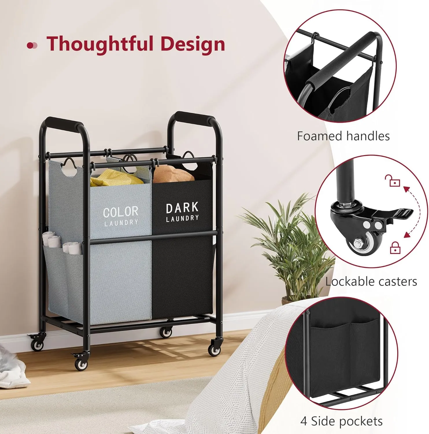 Tajsoon 2 Bag Laundry Sorter Cart, Laundry Hamper Sorter Basket with Heavy Duty Lockable Rolling Wheels for Clothes Storage, Black & Grey