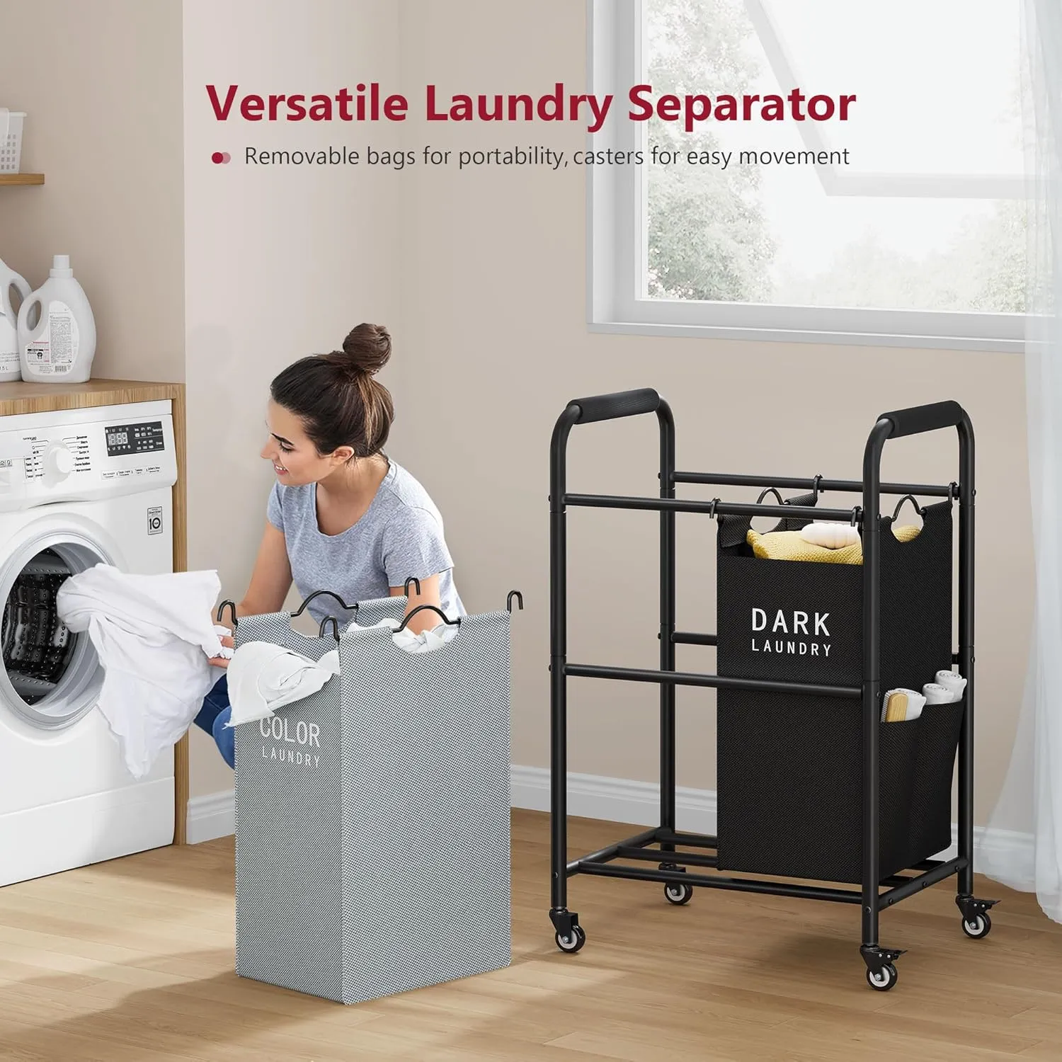 Tajsoon 2 Bag Laundry Sorter Cart, Laundry Hamper Sorter Basket with Heavy Duty Lockable Rolling Wheels for Clothes Storage, Black & Grey