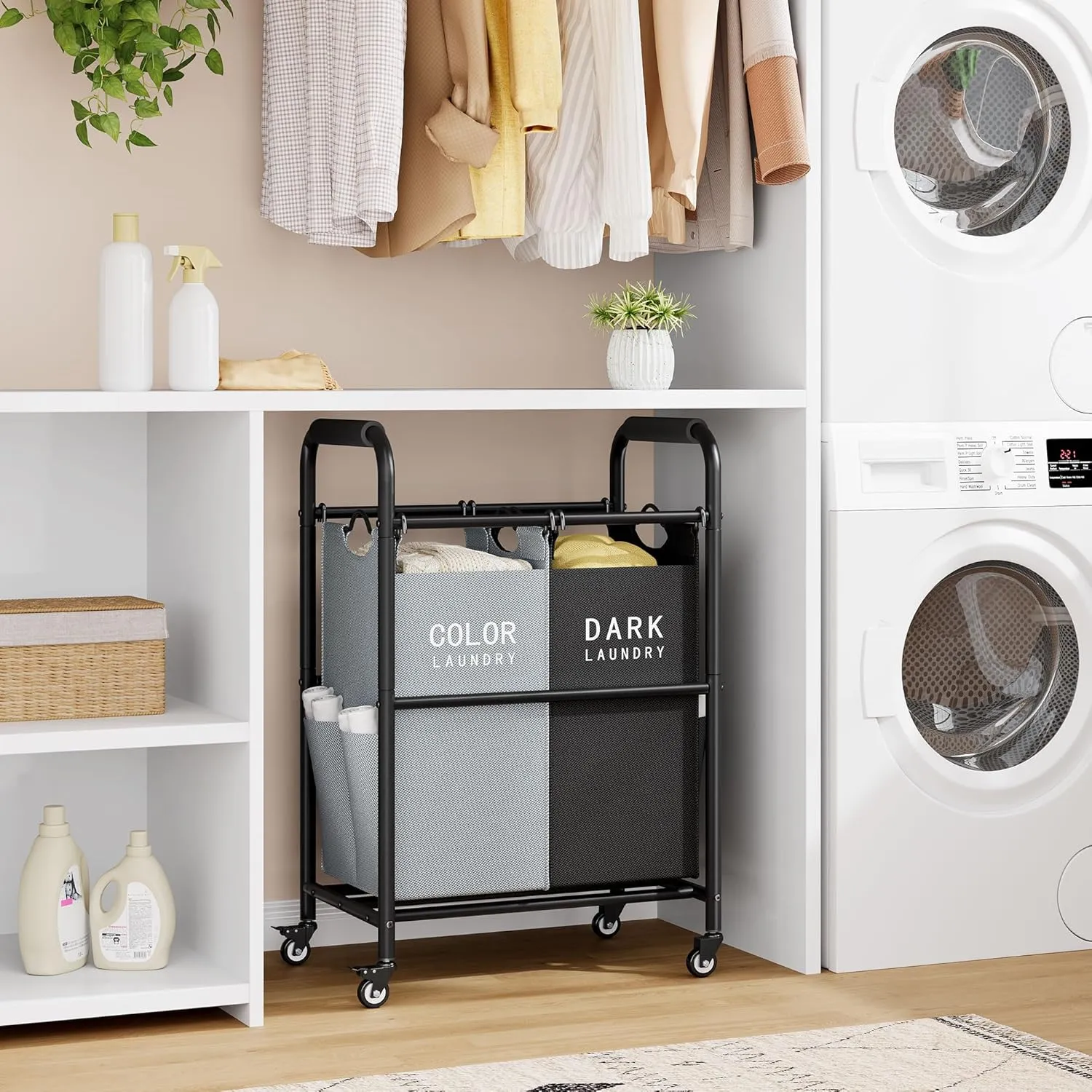 Tajsoon 2 Bag Laundry Sorter Cart, Laundry Hamper Sorter Basket with Heavy Duty Lockable Rolling Wheels for Clothes Storage, Black & Grey