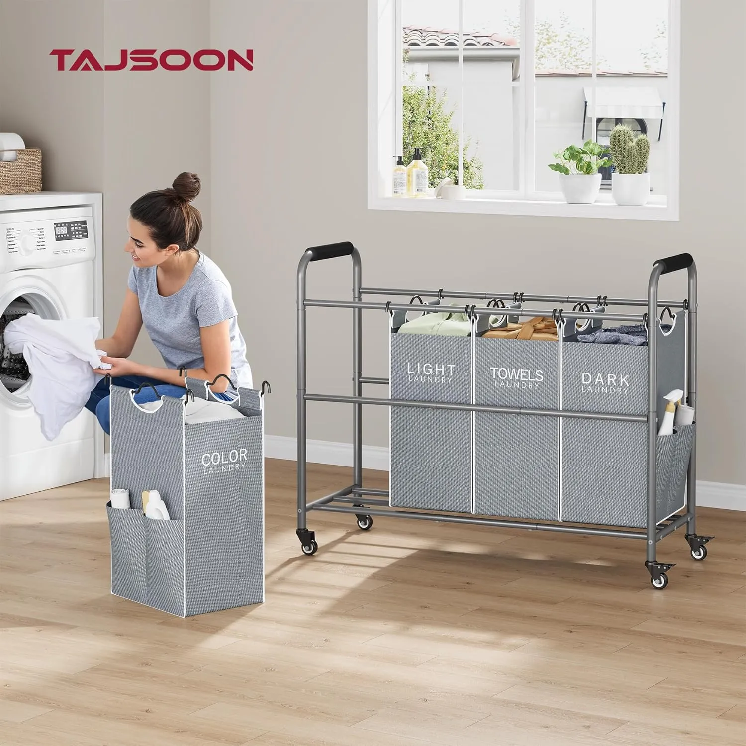 Tajsoon 4 Bag Laundry Sorter Cart, 4 Section Laundry Hamper Sorter with Heavy Duty Lockable Rolling Wheels, Laundry Separator Hamper with Removable Bags for Dirty Clothes Storage, Grey & White