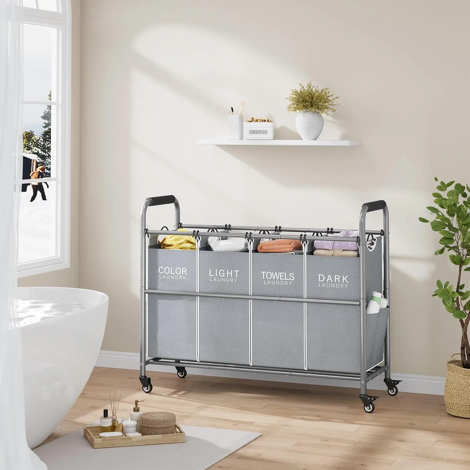 Tajsoon 4 Bag Laundry Sorter Cart, 4 Section Laundry Hamper Sorter with Heavy Duty Lockable Rolling Wheels, Laundry Separator Hamper with Removable Bags for Dirty Clothes Storage, Grey & White