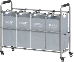 Tajsoon 4 Bag Laundry Sorter Cart, 4 Section Laundry Hamper Sorter with Heavy Duty Lockable Rolling Wheels, Laundry Separator Hamper with Removable Bags for Dirty Clothes Storage, Grey & White