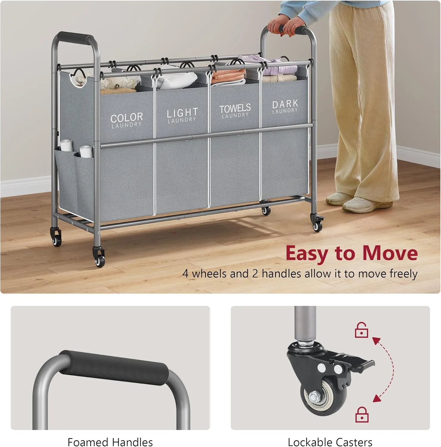 Tajsoon 4 Bag Laundry Sorter Cart, 4 Section Laundry Hamper Sorter with Heavy Duty Lockable Rolling Wheels, Laundry Separator Hamper with Removable Bags for Dirty Clothes Storage, Grey & White