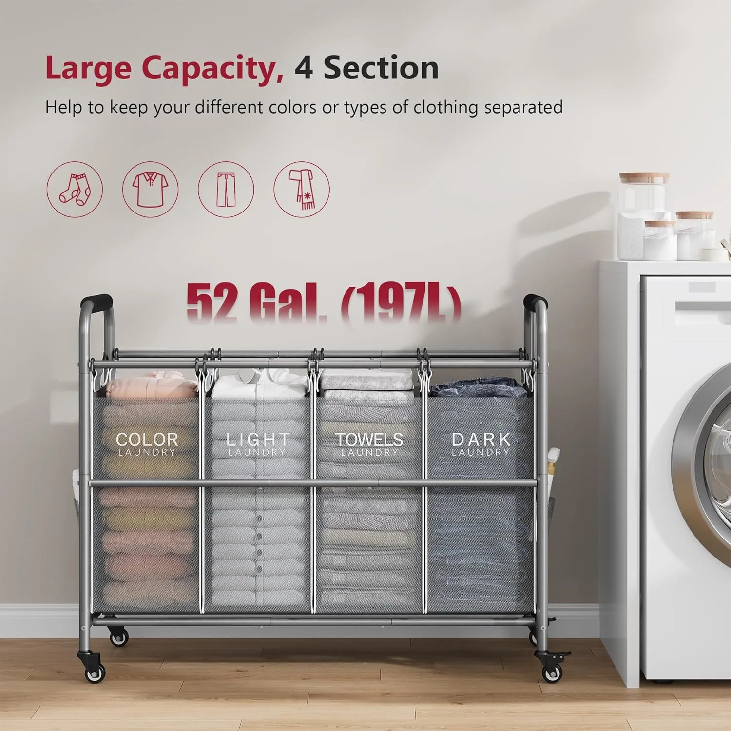 Tajsoon 4 Bag Laundry Sorter Cart, 4 Section Laundry Hamper Sorter with Heavy Duty Lockable Rolling Wheels, Laundry Separator Hamper with Removable Bags for Dirty Clothes Storage, Grey & White